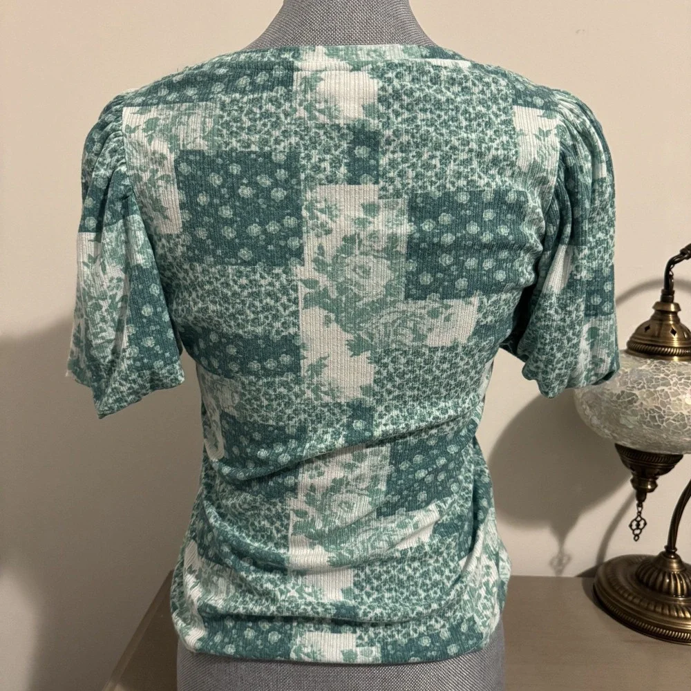 Lauren Conrad Puff Sleeve Top XS Green Patchwork Floral Cottagecore Romantic - Picture 8 of 8